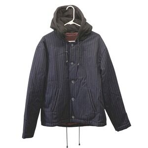 Yoon Hooded Quilted Jacket Mens US L Navy Vertical Stripe Designer Winter Coat